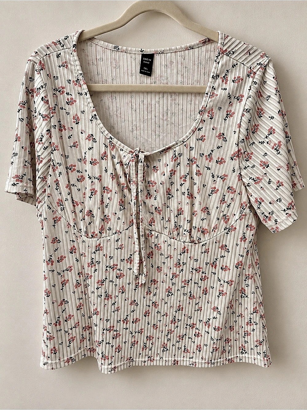 SHEIN Floral Striped Blouse in White & Pink Size XL